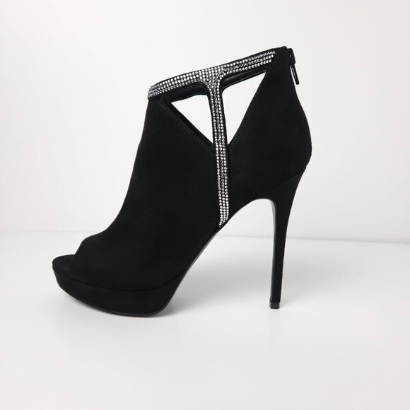 Aldo Tilasa Black Suede Peep Toe Ankle Boot Heels Silver Rhinestones - 7.5 - Picture 5 of 10